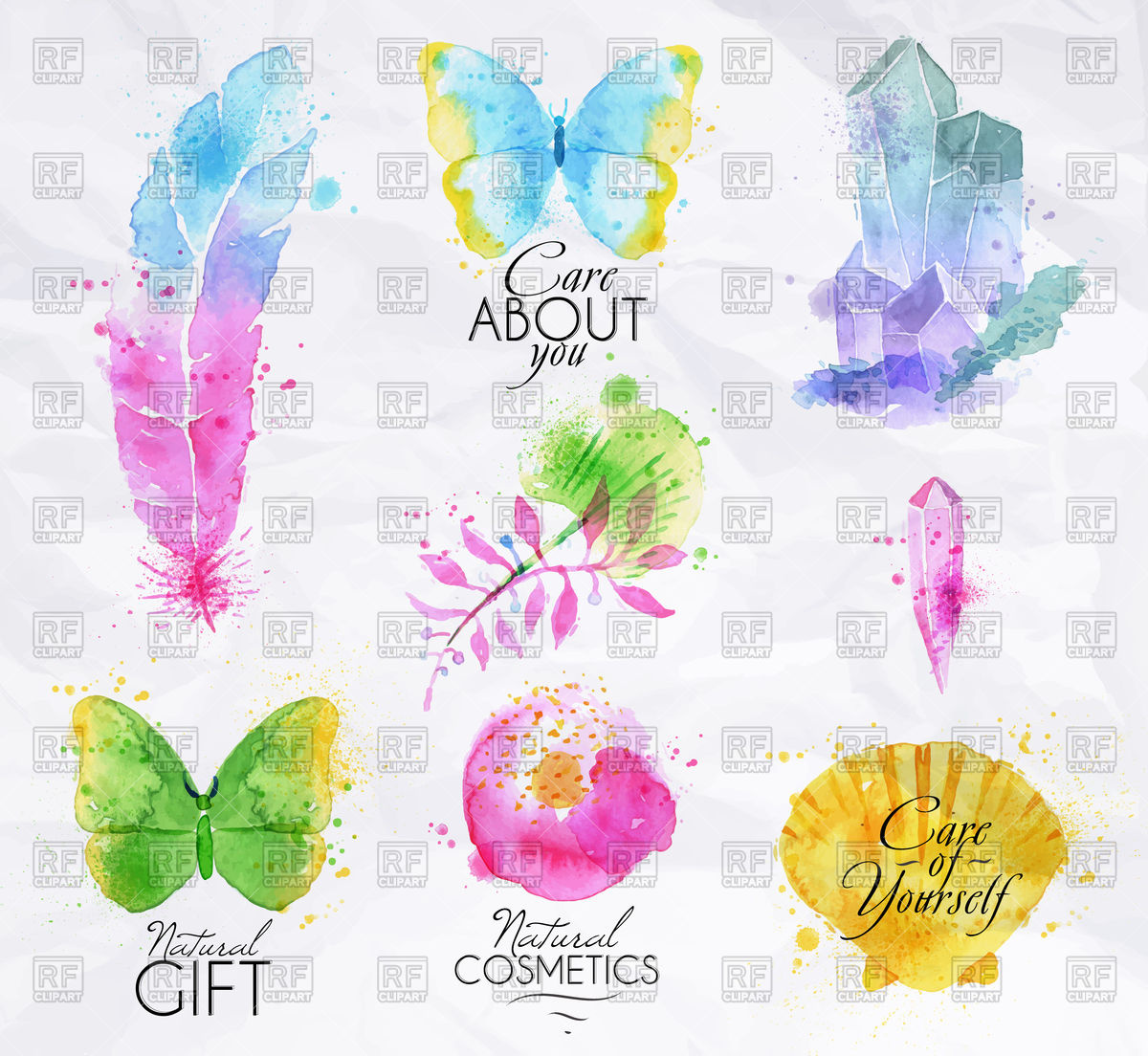 1200x1104 Set Of Watercolor Icons Butterfly, Feather, Branche, Crystal - Watercolor Icons