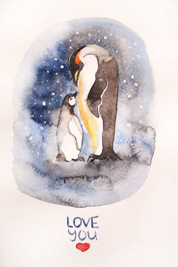 570x855 Print Watercolor Illustration Penguin Art Mom And Baby Penguin Etsy - Watercolor Illustration Animals