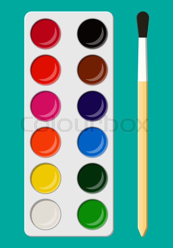 558x800 Set Of Bright Watercolor Paints In Box With Paint Brush For Kids - Watercolor Illustrator Vector