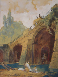 227x300 French School Watercolor Style Hubert Robert Washerwomen Bridge - Watercolor In French