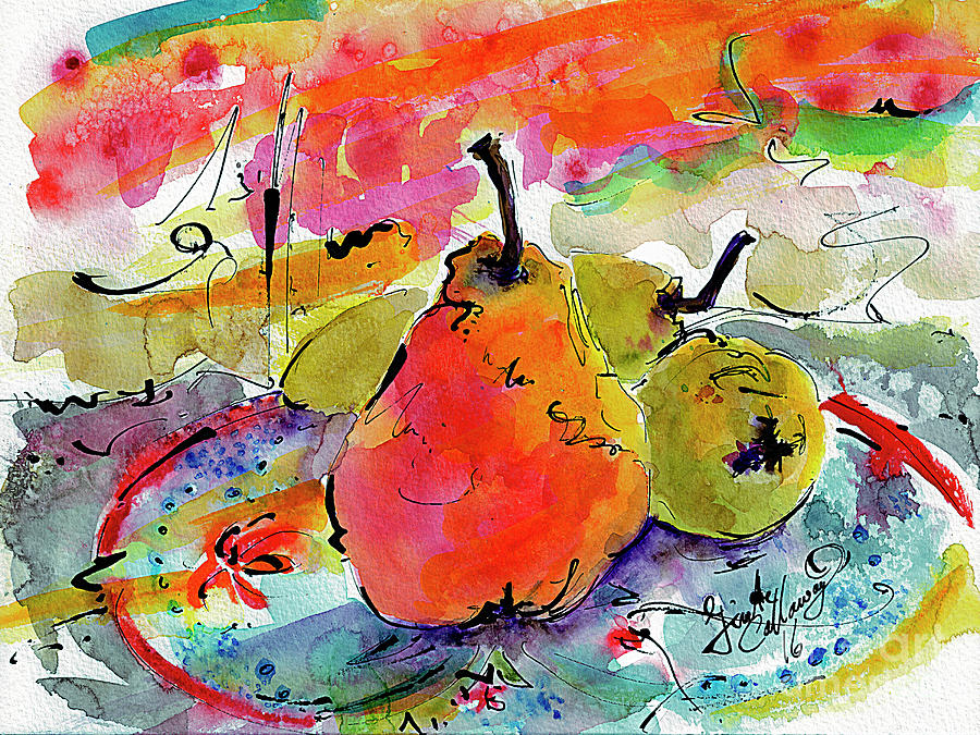900x675 French Pears Watercolor And Ink Whimsical Art Painting By Ginette - Watercolor In French