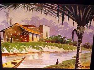 300x225 Vintage Spanish Hacienda River Boat Palm Tree Framed Watercolor - Watercolor In Spanish