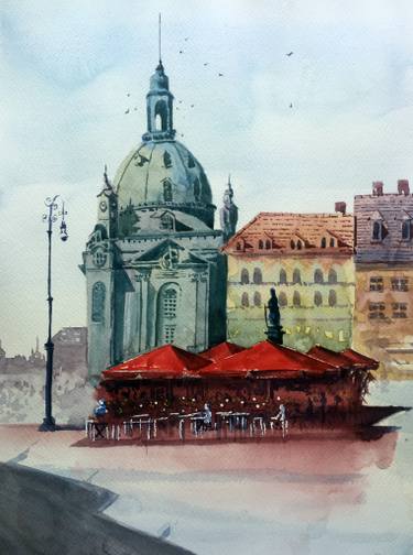 375x504 Watercolor Cityscape Spanish Plaza Painting By Jayesh Raut - Watercolor In Spanish