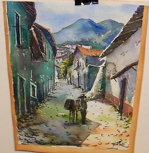292x300 Dizal Man And His Mule Spanish Landscape Original Watercolor - Watercolor In Spanish