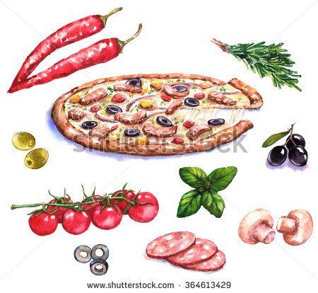 450x414 Hand Drawn Watercolor Illustration Of The Pizza And Different - Watercolor Ingredients