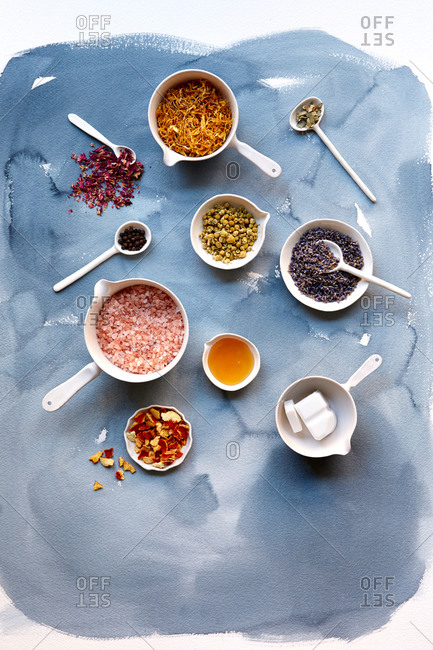 433x650 Overhead View Of Soap Making Ingredients On A Watercolor - Watercolor Ingredients