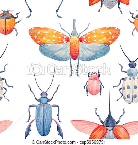 450x470 Watercolor Beetle Pattern. Beautiful Pattern With Hand Drawn - Watercolor Insects