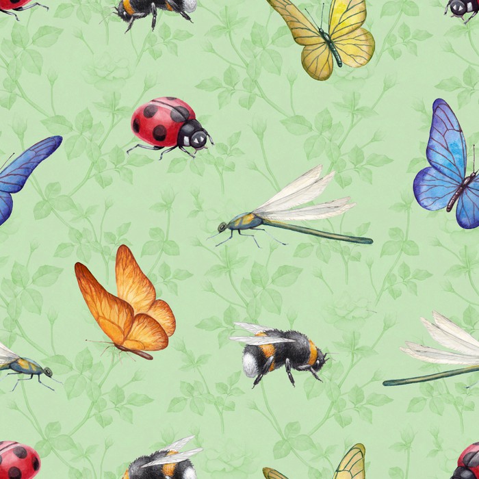 700x700 Watercolor Insects Illustrations. Seamless Pattern Wall Mural - Watercolor Insects