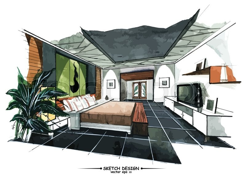 800x587 Vector Interior Sketch Design. Watercolor Sketching Idea On White - Watercolor Interior