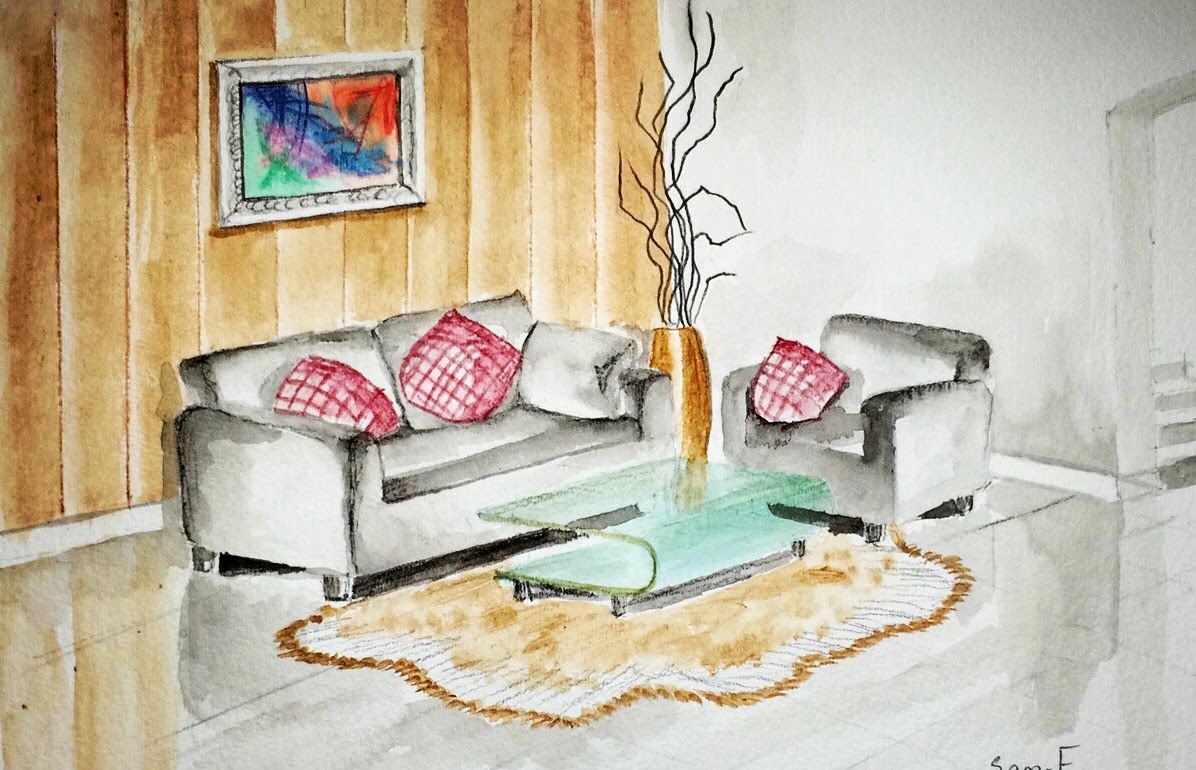 1196x770 Architectural Perspective Freehand Interior Design - Watercolor Interior