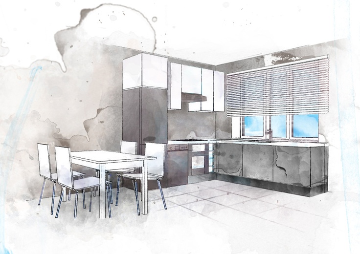 736x520 Kitchen Sketch Interior Design Watercolor Croquis - Watercolor Interior Design
