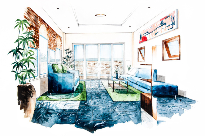 662x440 Living Room Design Of Watercolor Painting Stock Photos - Watercolor Interior Design