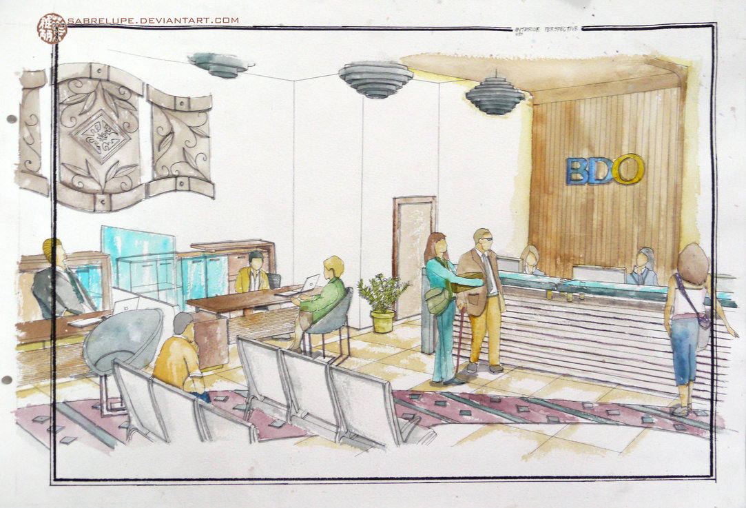 1083x737 Contemporary Bank Interior Design In Watercolor By Sabrelupe On - Watercolor Interior Design