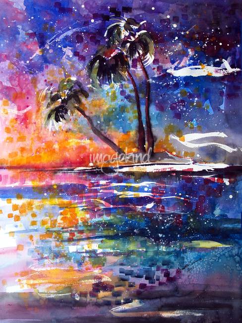 488x650 Impressionist Watercolor Starry Night Island By Ginette Callaway - Watercolor Island