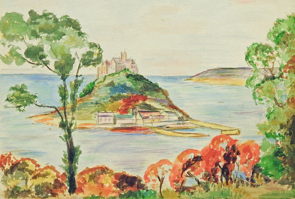 1024x690 Island Castle Watercolor Painting Study Artifax Antiques Amp Design - Watercolor Island