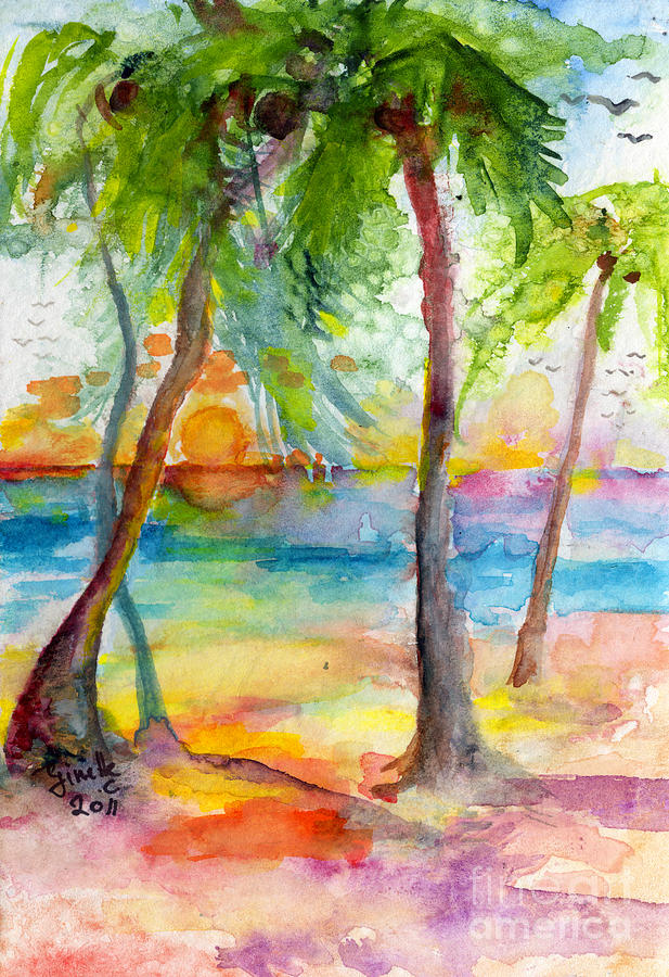 617x900 Pink Sands And Palms Island Dreams Watercolor Painting By Ginette - Watercolor Island