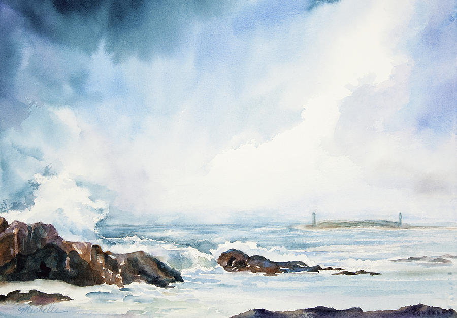 900x627 Thatcher Island Lights Rockport Massachusetts Watercolor Painting - Watercolor Island