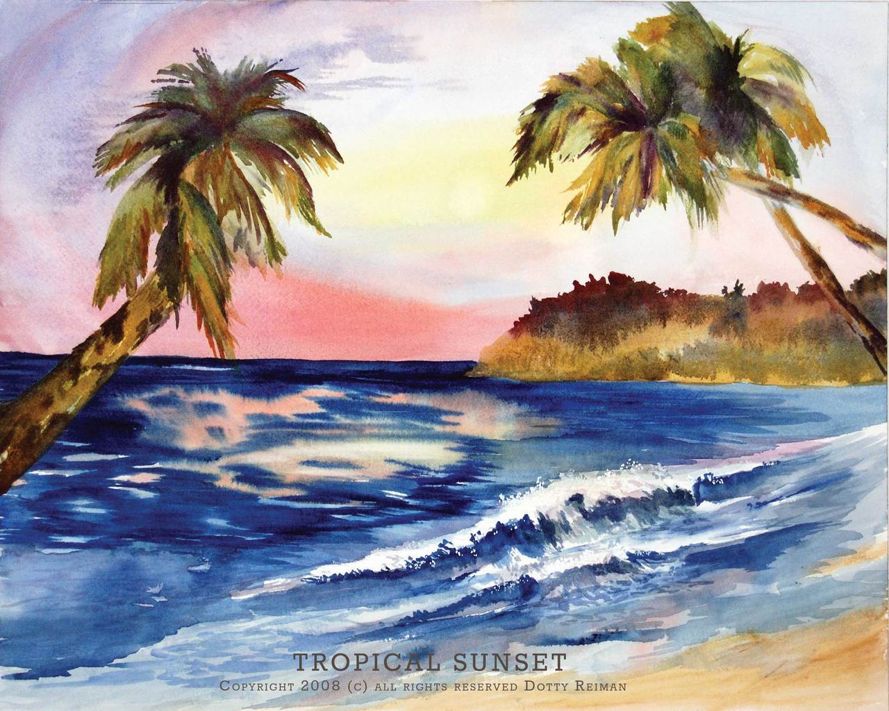 1280x1024 Tropical Sunset Original Tropical Island Watercolor By Dotty - Watercolor Island