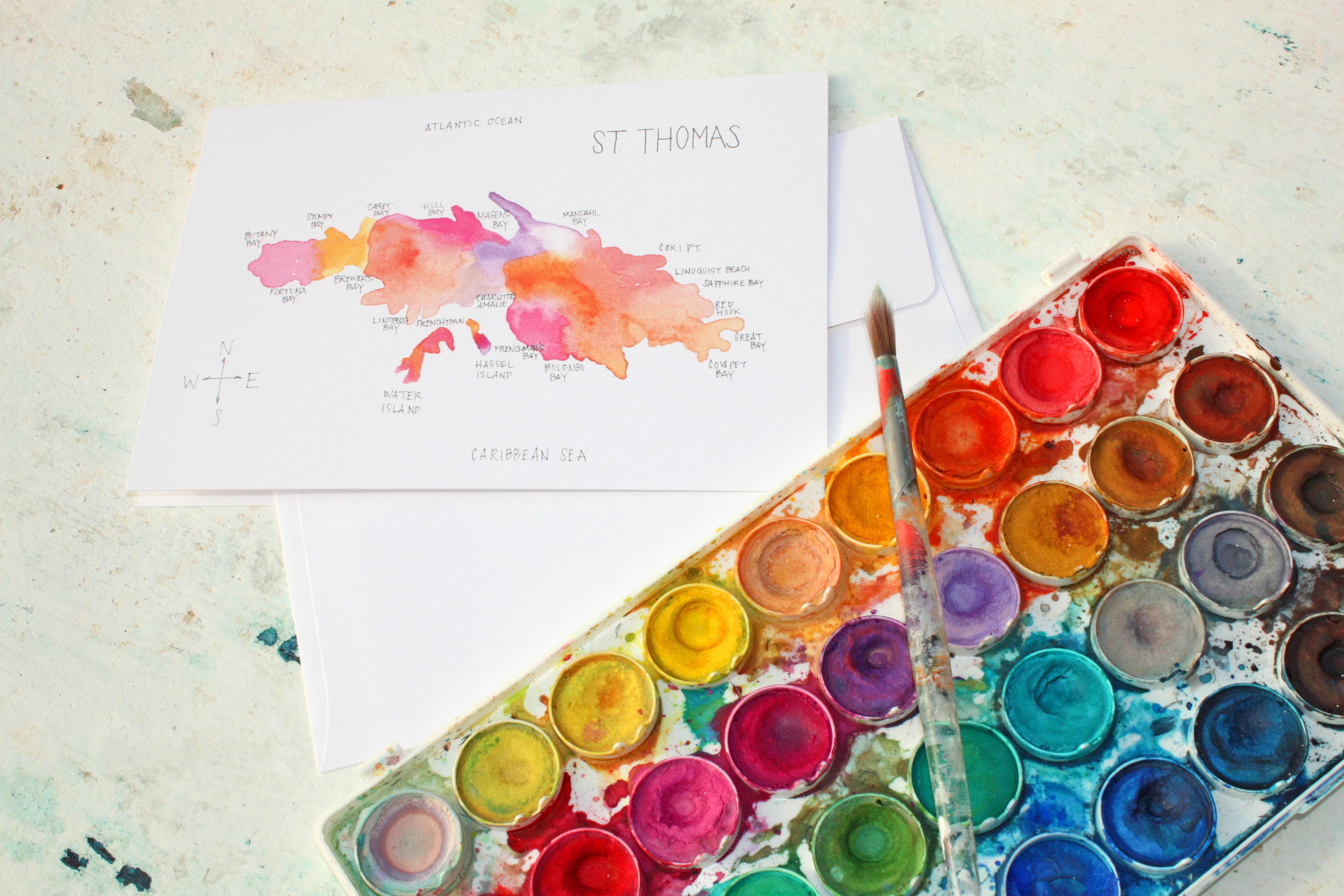 3456x2304 Watercolor Island Map Greeting Cards Us Virgin Islands - Watercolor Island