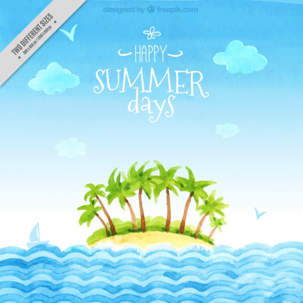 626x626 Watercolor Idyllic Landscape With An Island Background Stock - Watercolor Island