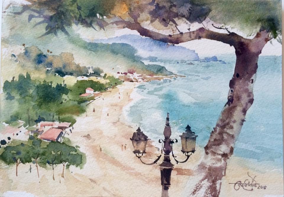 960x664 Sperlonga Beach, Italy By Artist Vikrant Shitole Landscape Art - Watercolor Italy