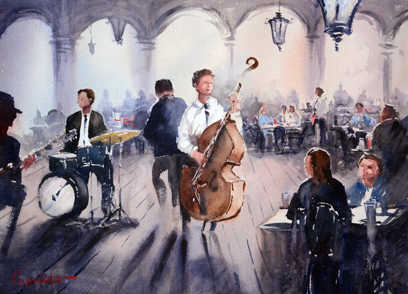 800x577 Jazz Player Band Watercolor Art Chrysovalantou Mavroudis - Watercolor Jazz Music