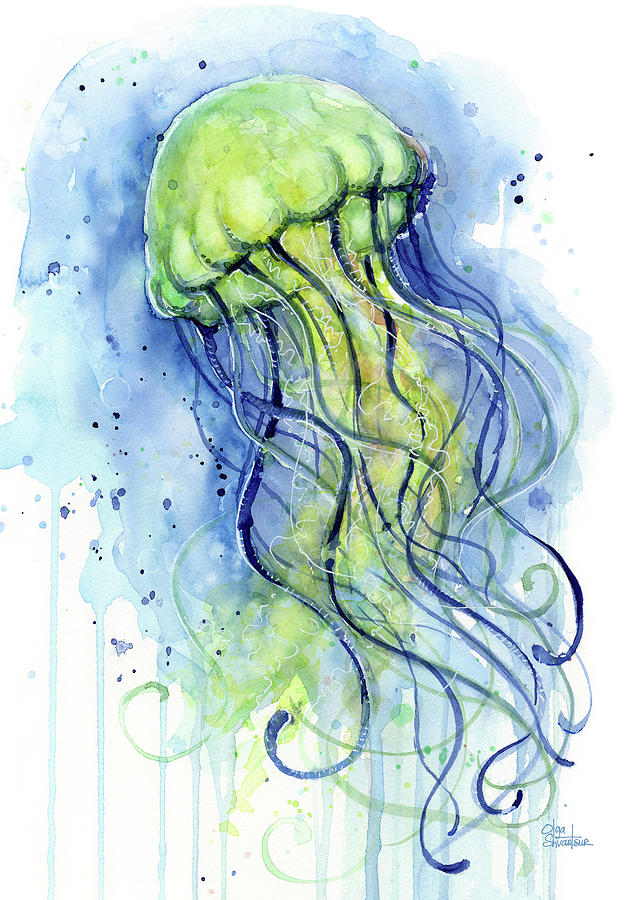 642x900 Jellyfish Watercolor Painting By Olga Shvartsur - Watercolor Jellyfish
