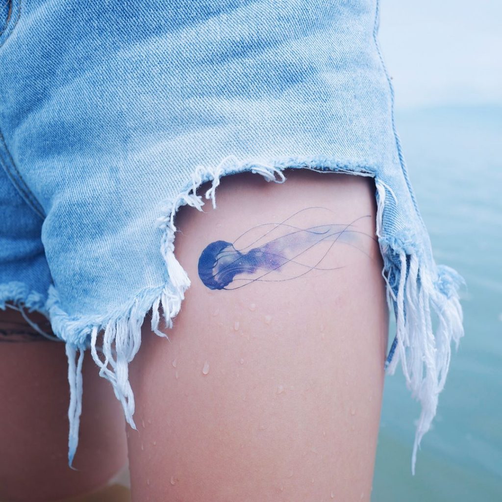 1024x1024 Watercolor Jellyfish Tattoo On The Left Thigh - Watercolor Jellyfish Tattoo