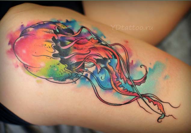 635x443 40 Magnificent Jellyfish Tattoos - Watercolor Jellyfish Tattoo