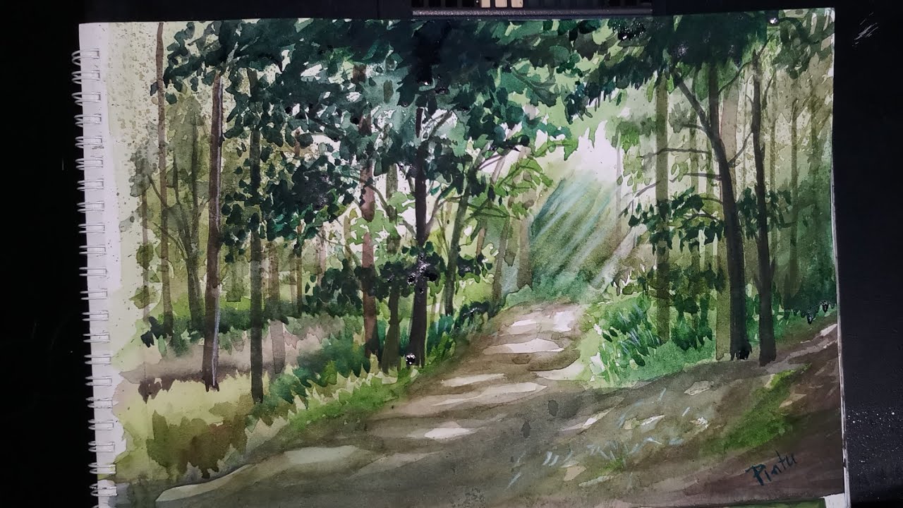 1280x720 Watercolor Painting Of A Landscape Road Through Jungle Trees - Watercolor Jungle