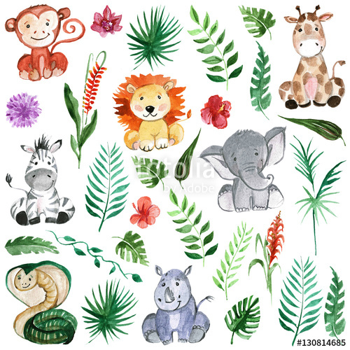 500x500 Watercolor Jungle Friends Animals, Africa, Tropical Leaves Stock - Watercolor Jungle