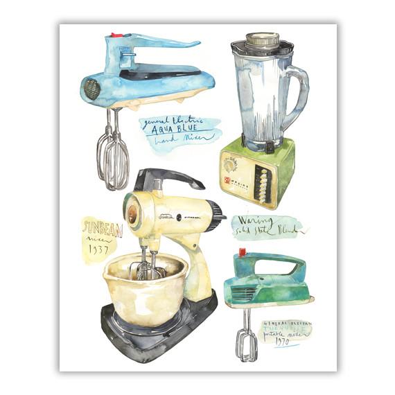570x570 Vintage Kitchen Mixer And Blender Watercolor Illustration - Watercolor Kitchen