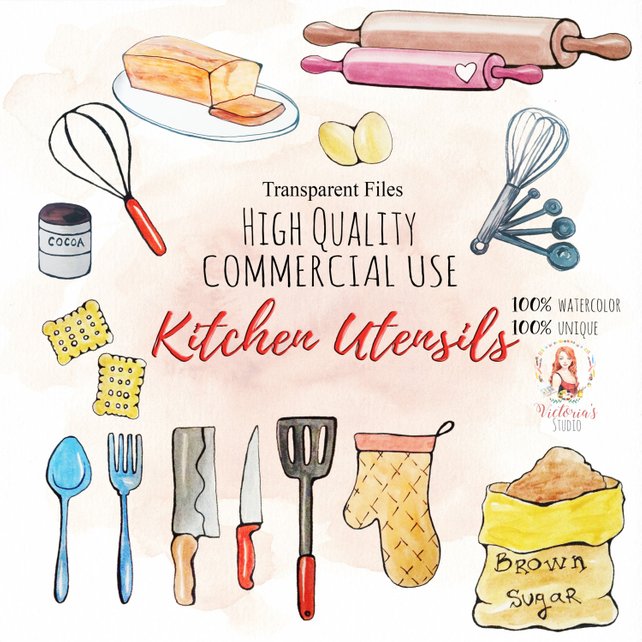 642x642 Watercolor Kitchen Utilities Pastry Cakes Cooking Etsy - Watercolor Kitchen
