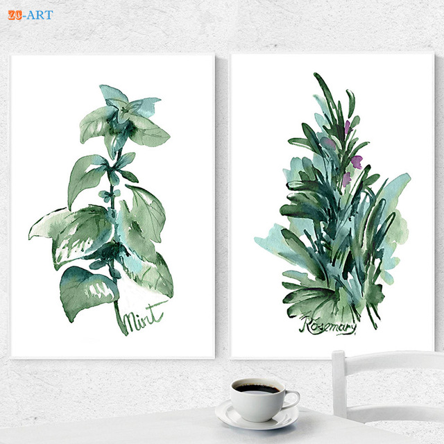640x640 Framed Canvas Painting Herbs Kitchen Art Prints Green Leaves Mint - Watercolor Kitchen