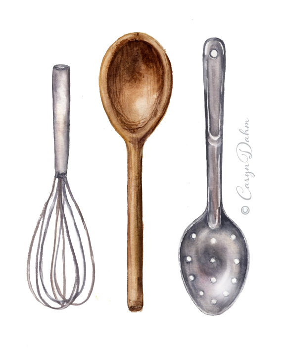 570x711 Kitchen Utensils Watercolor Art, Wooden Spoon, Whisk And Slotted - Watercolor Kitchen