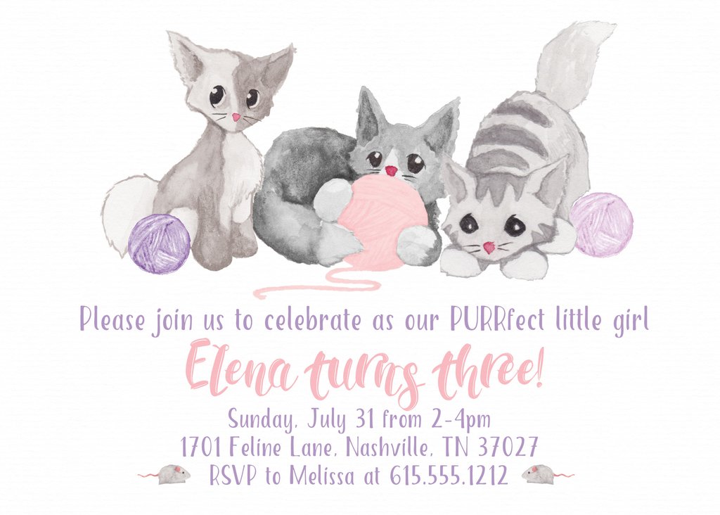 1024x732 Watercolor Kitten Birthday Invitations (Printed) Pipsy - Watercolor Kitten