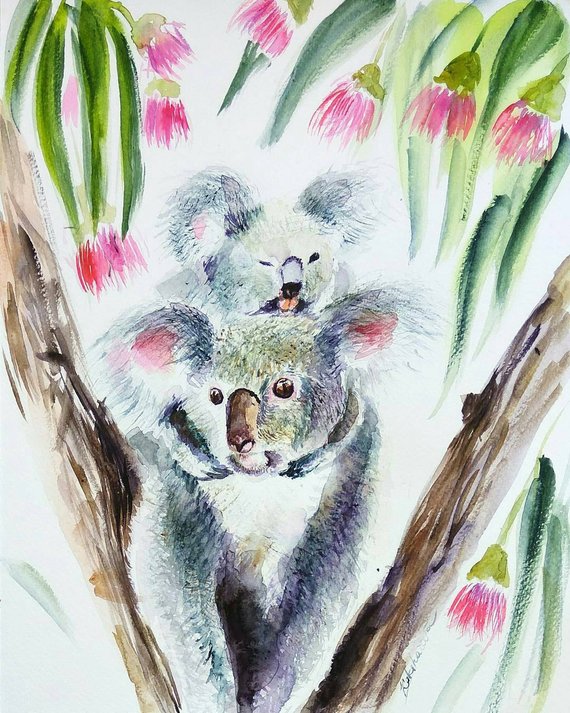 570x713 Koala Mom And Child In Eucalyptus Original Watercolor Painting - Watercolor Koala