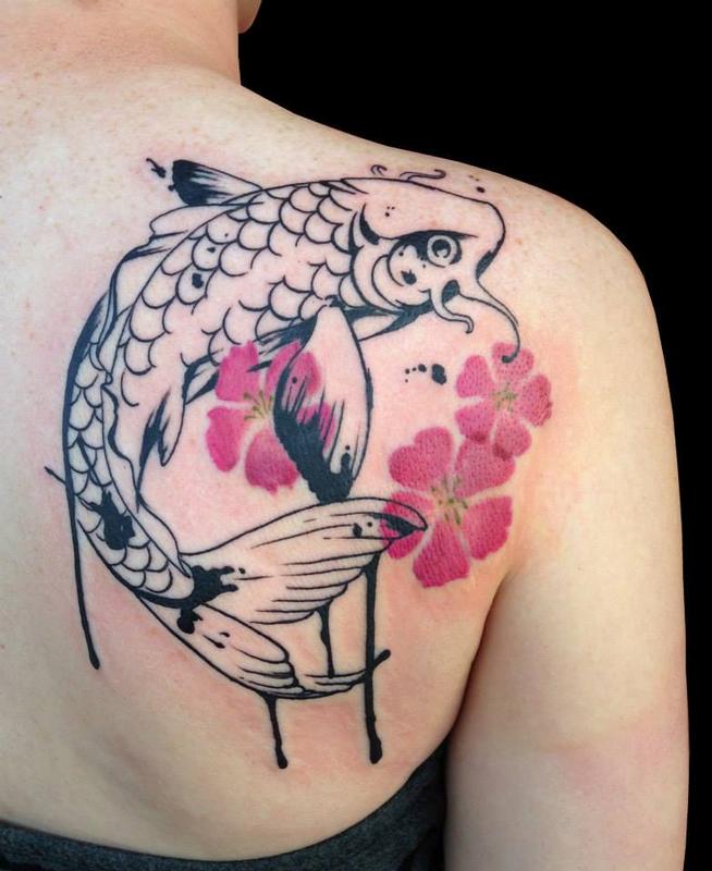 Pen And Ink Style Koi With Watercolor Cherry Blossoms By Nicole - Watercolo...