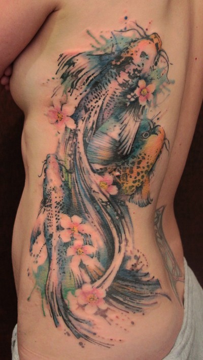 400x709 Extraordinary Cherry Blossom Koi Fish Watercolor Tattoo On Side - Watercolor Koi Tattoo