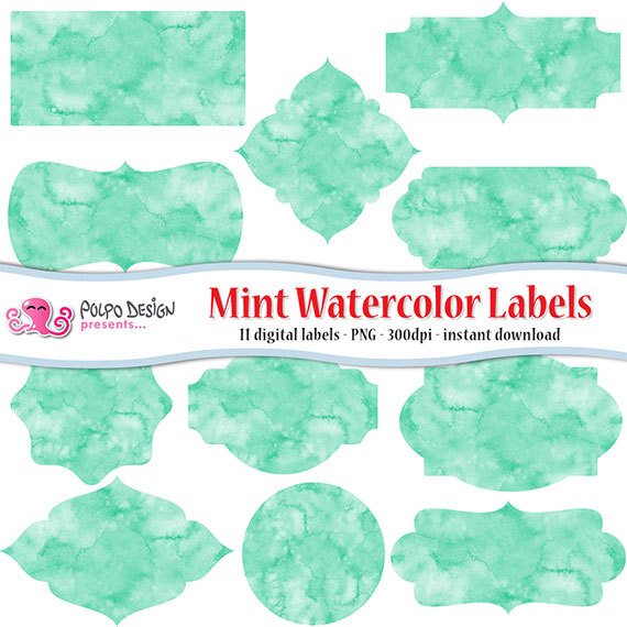 570x570 Mint Watercolor Labels Clip Art. Watercolor Frames Digital Etsy - Watercolor Labels