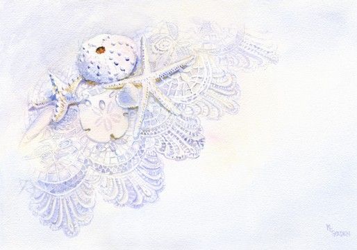 514x360 Shells On Lace Giclee Print - Watercolor Lace