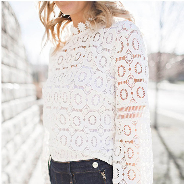 640x640 Women Retro Watercolor Long Sleeve Lace Shirt Long Tops Hollow Out - Watercolor Lace