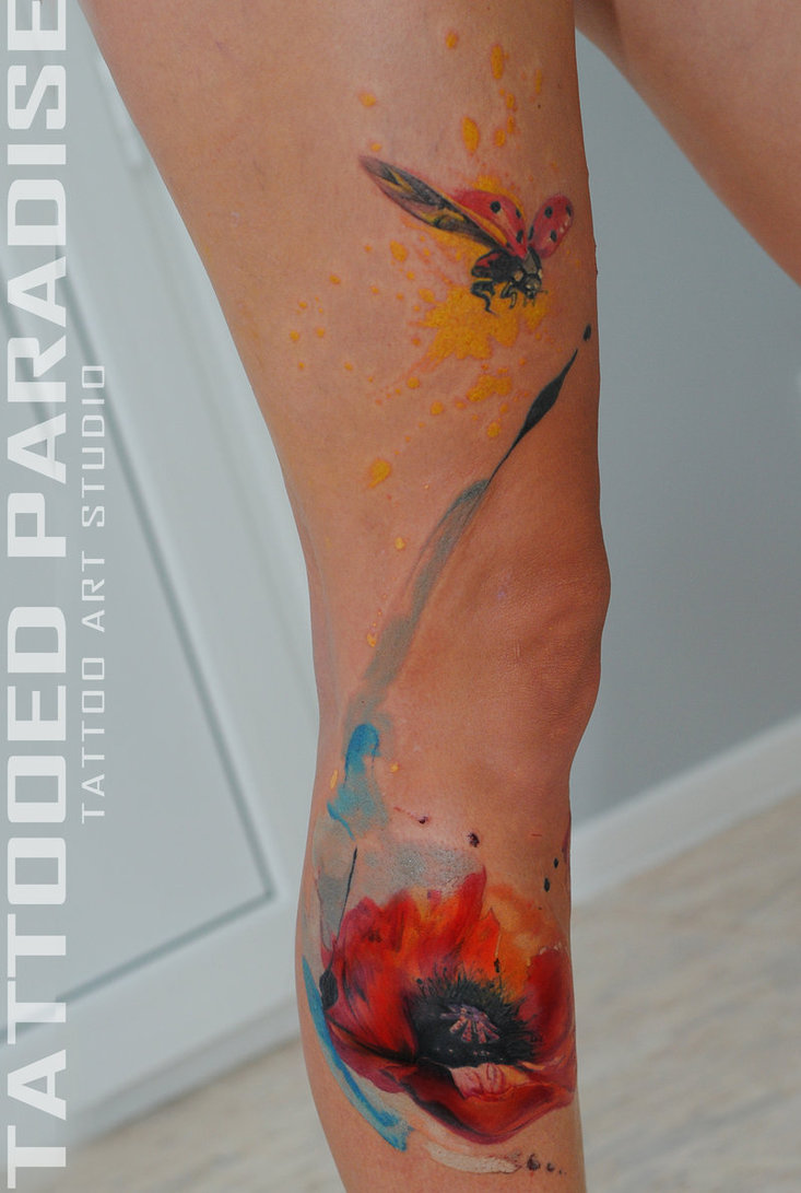733x1091 Watercolor Poppy +ladybug By Dopeindulgence - Watercolor Ladybug Tattoo