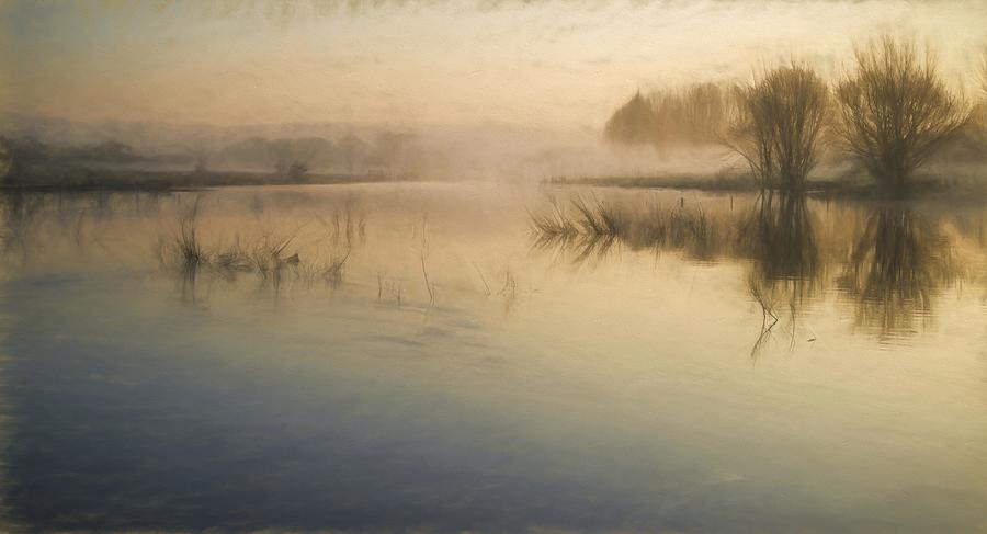 900x487 Watercolor Landscape Of Lake In Mist With Sun Glow At Sunrise - Watercolor Lake