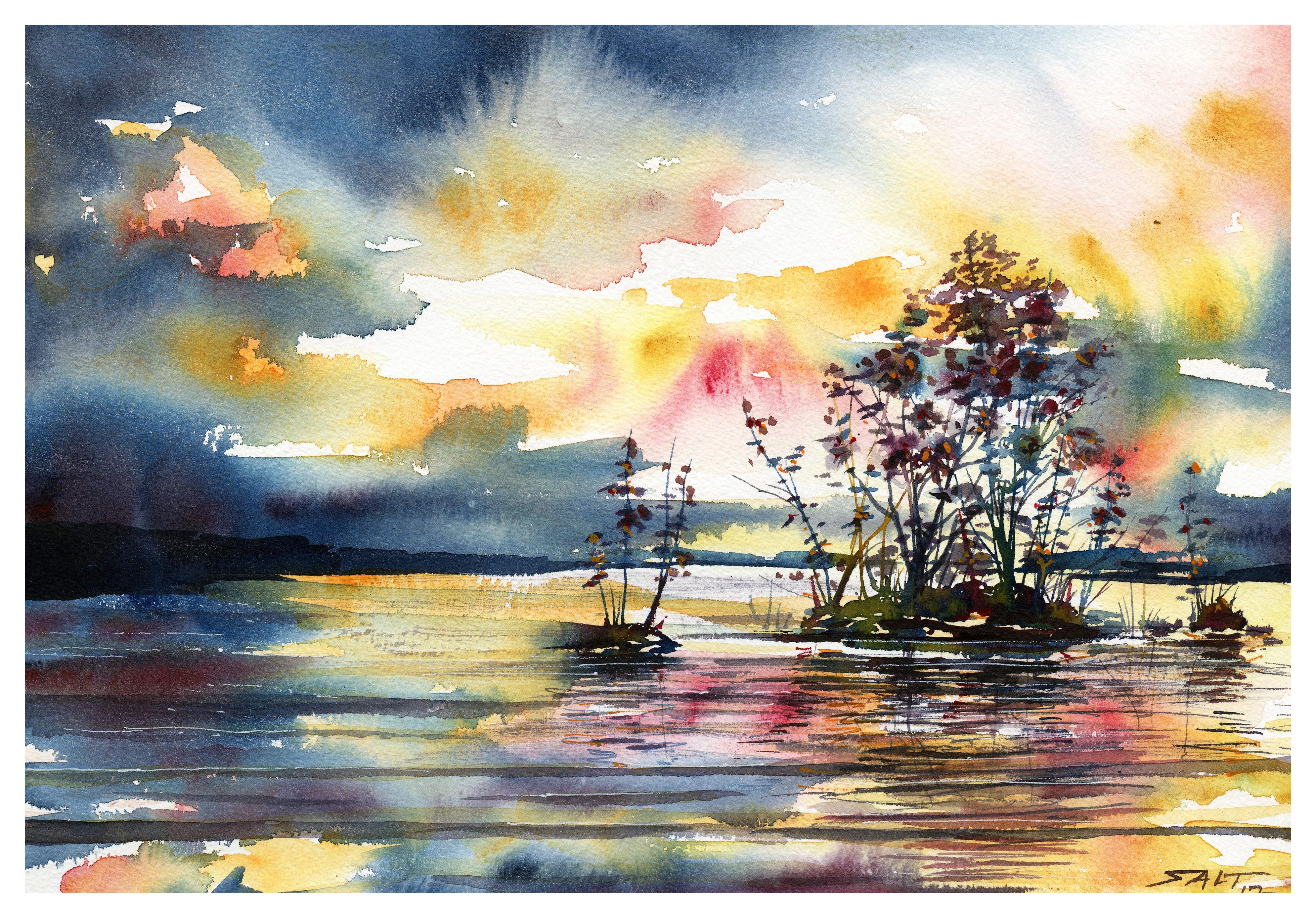 3978x2774 Big Sky Over Lonesome Lake, Watercolors, 10x14 Art - Watercolor Lake