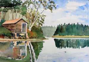 300x210 Hardenbergh Watercolor Painting Maine Lake Cabin Woods Scene Ebay - Watercolor Lake Scenes
