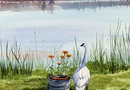 512x355 Marshas Swan Watercolor Painting - Watercolor Lake Scenes