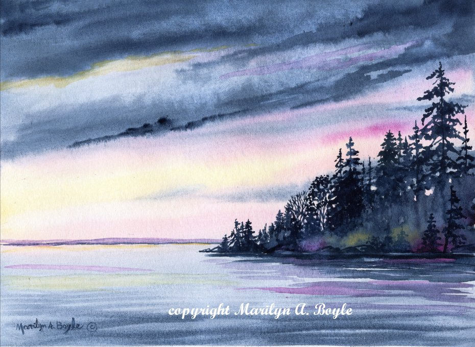 930x680 Painting Original Watercolor, Lake Scene, Free Shipping, Canadian - Watercolor Lake Scenes