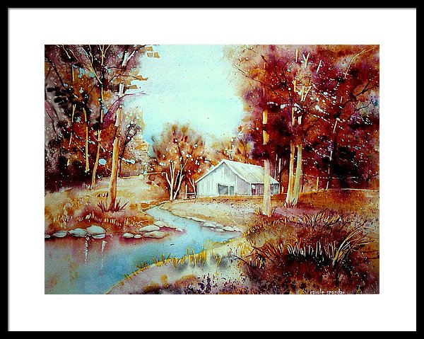 600x479 Red Maples At The Lake House Quebec Watercolor Summer Scene Framed - Watercolor Lake Scenes