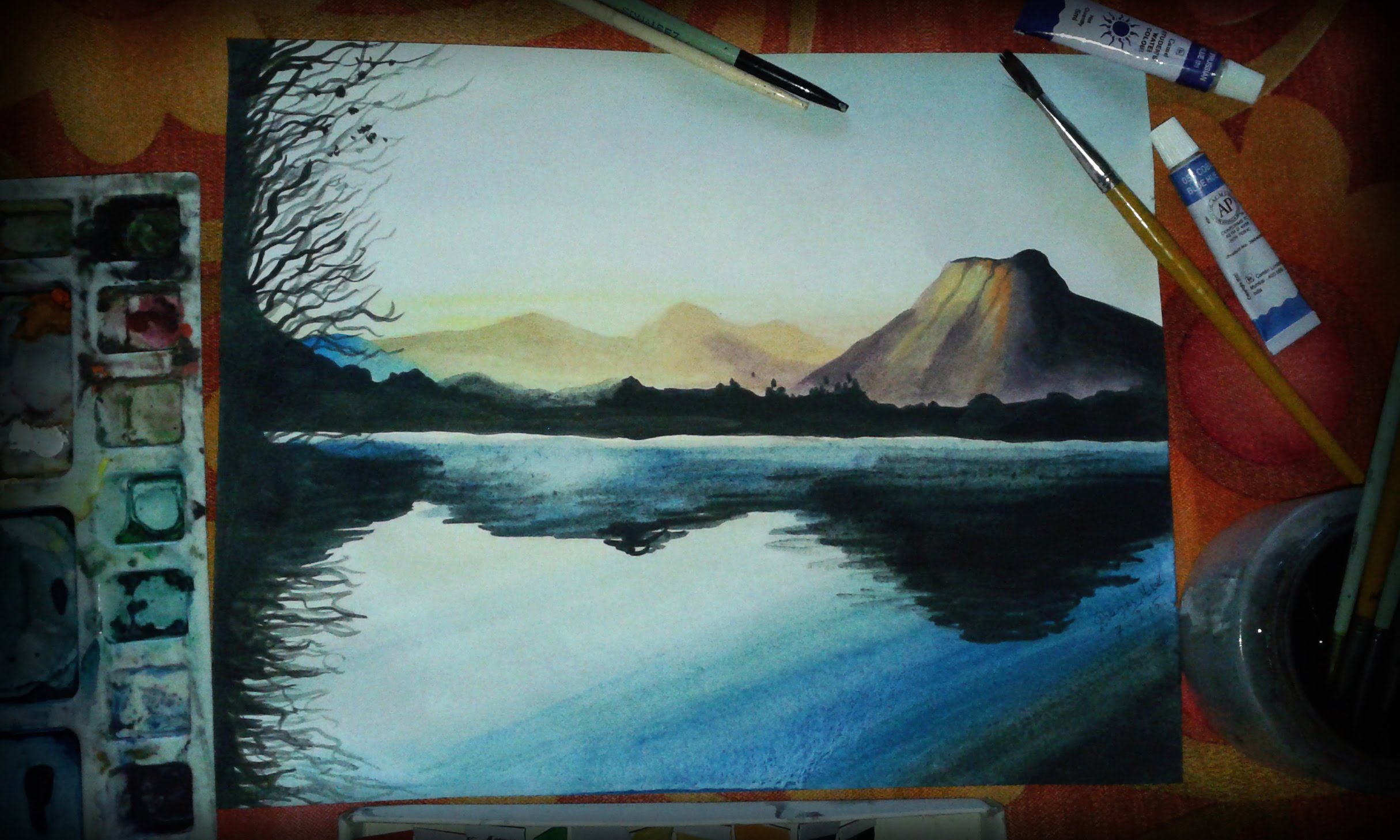 2430x1458 Drawing A Mountain Lake Scene With Water Color - Watercolor Lake Scenes